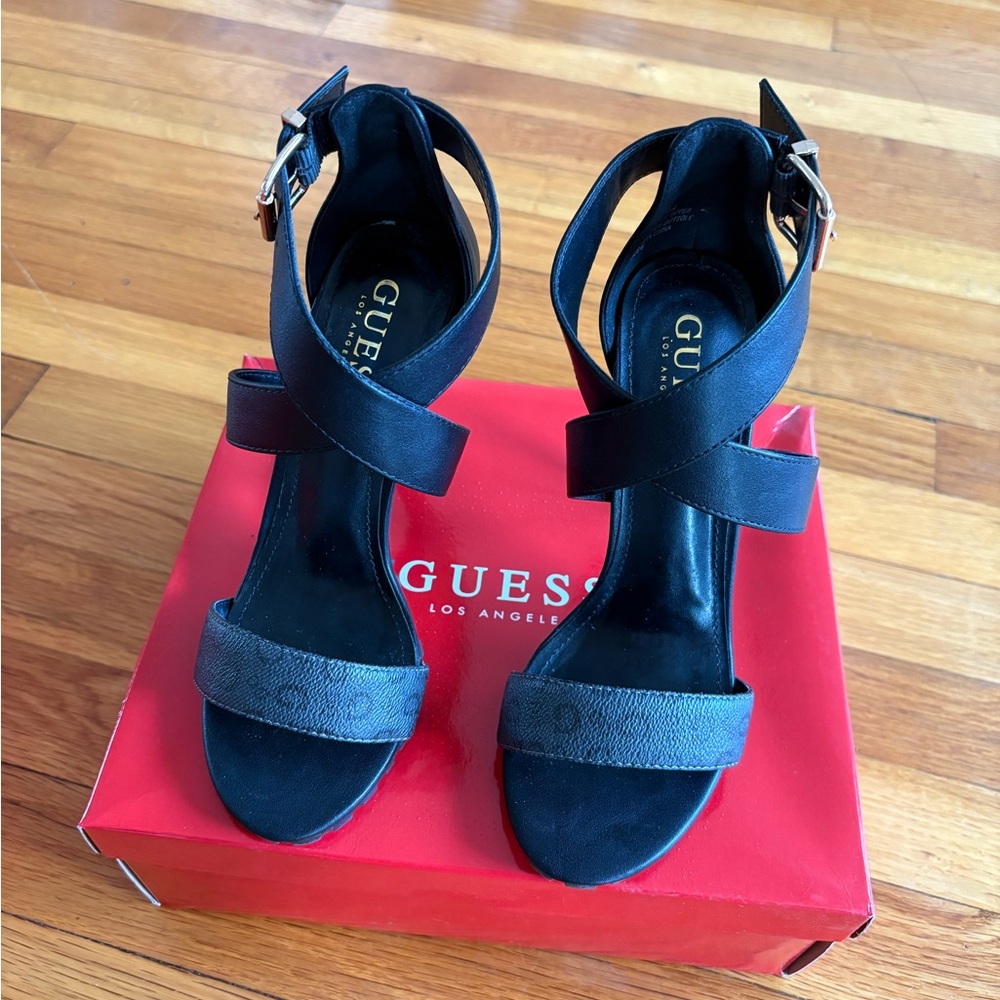 Guess - black logo ankle strap sandals - size 6